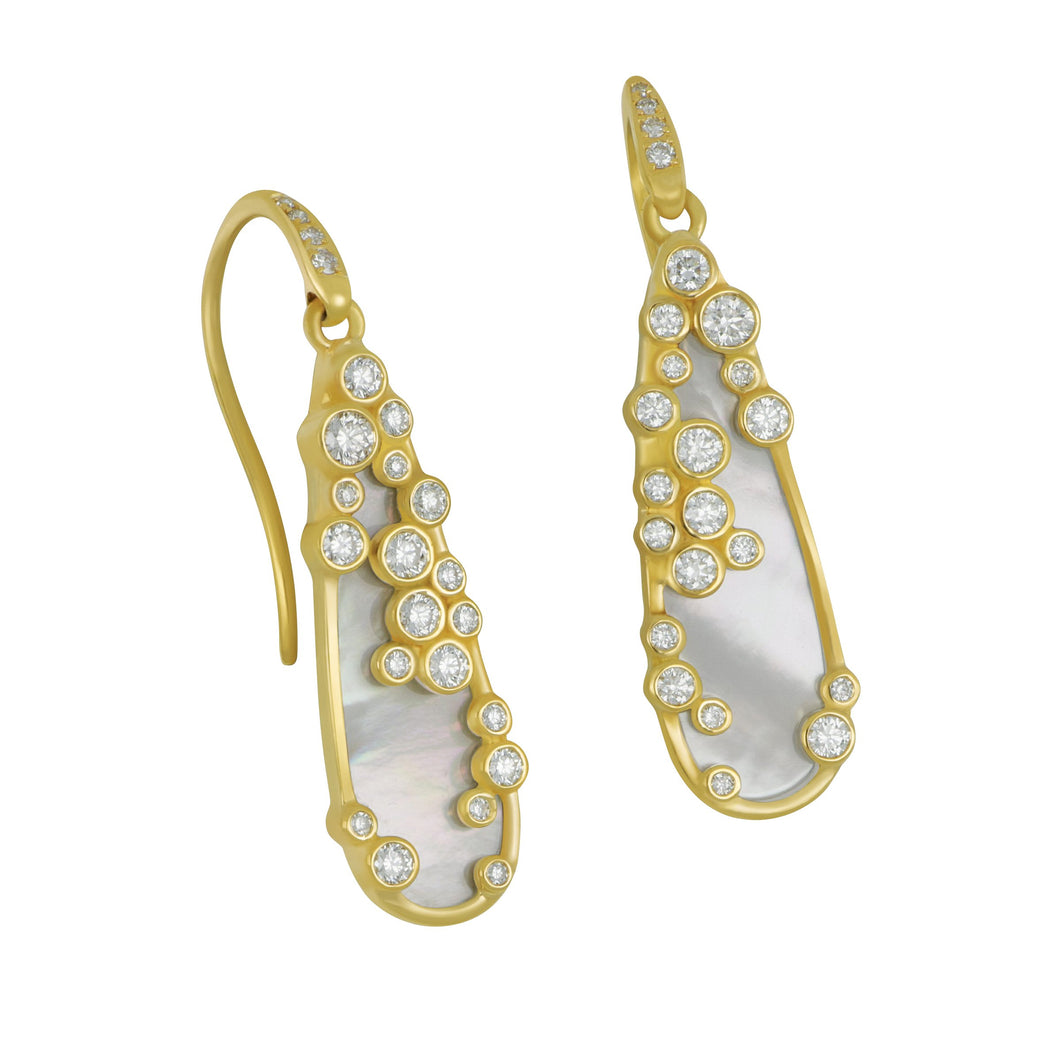 Syna 18 karat yellow gold Cosmic teardrop MOP and Champagne Diamond Drop Earrings, mop=4.50cts D=0.65tw