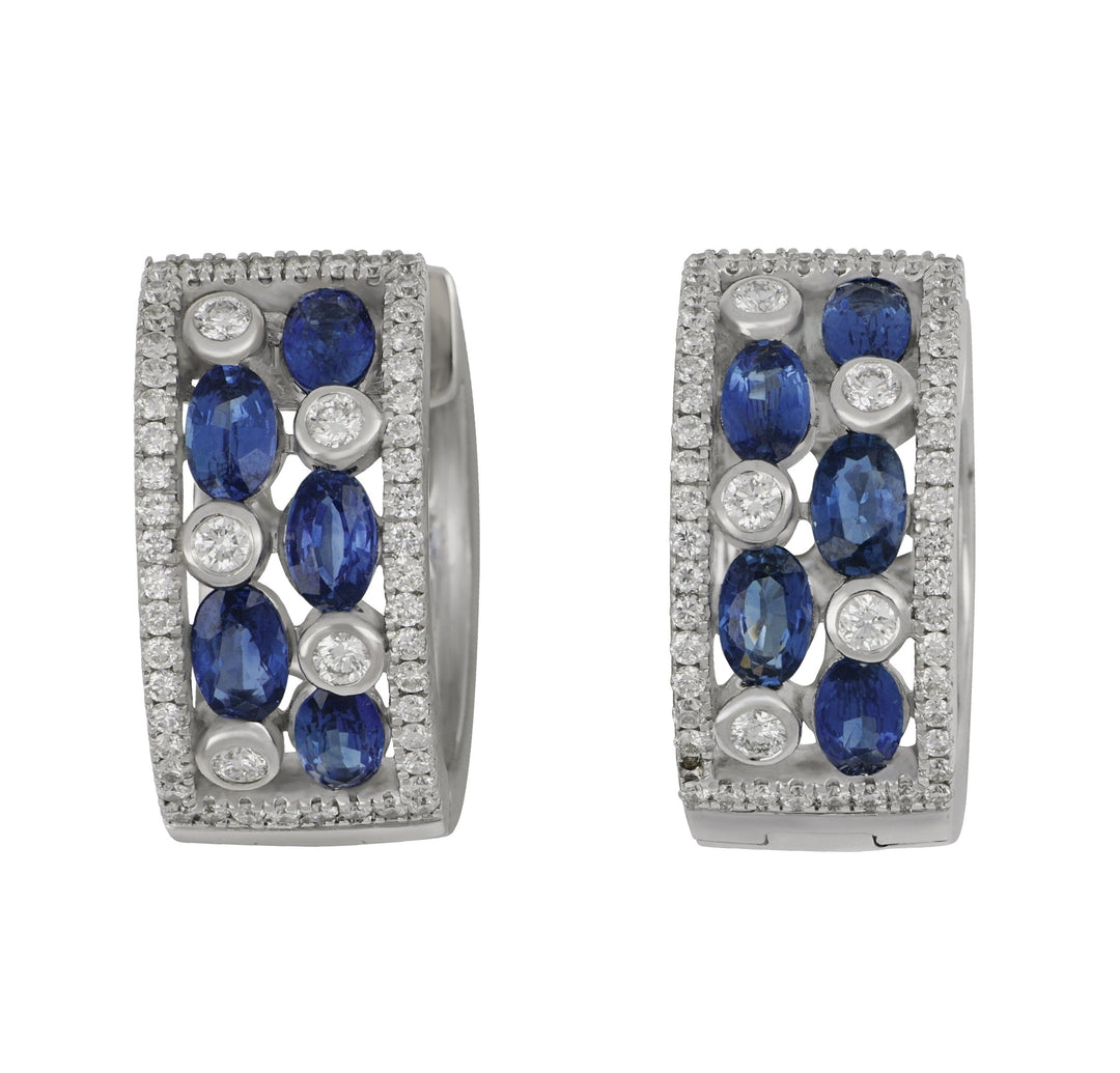 14k White Gold Sapphire and Diamond wide Hoop Earrings, SA=2.93tw D=0.93tw