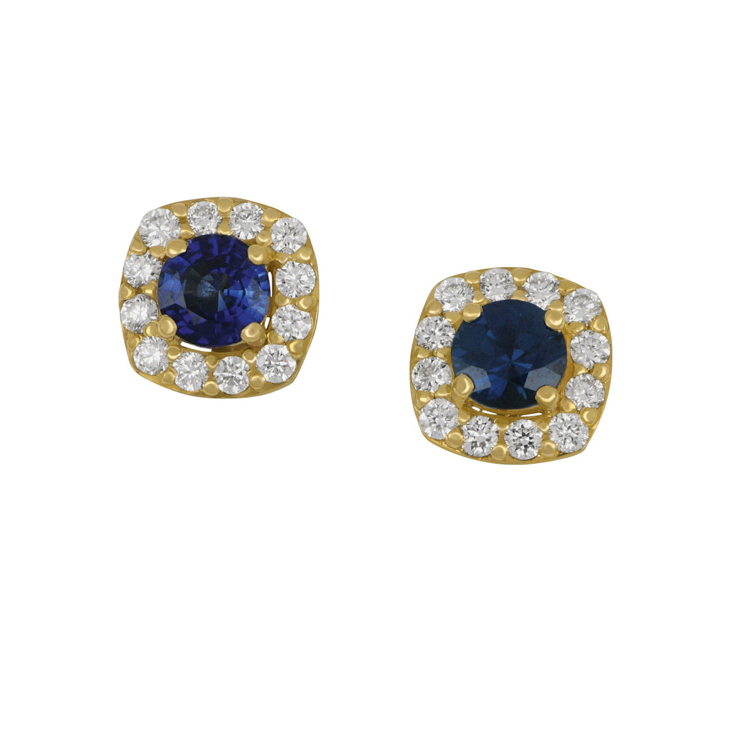 14 karat yellow gold Halo Cushion Sapphire and Diamond Earrings, SA=0.88tw D=0.38tw