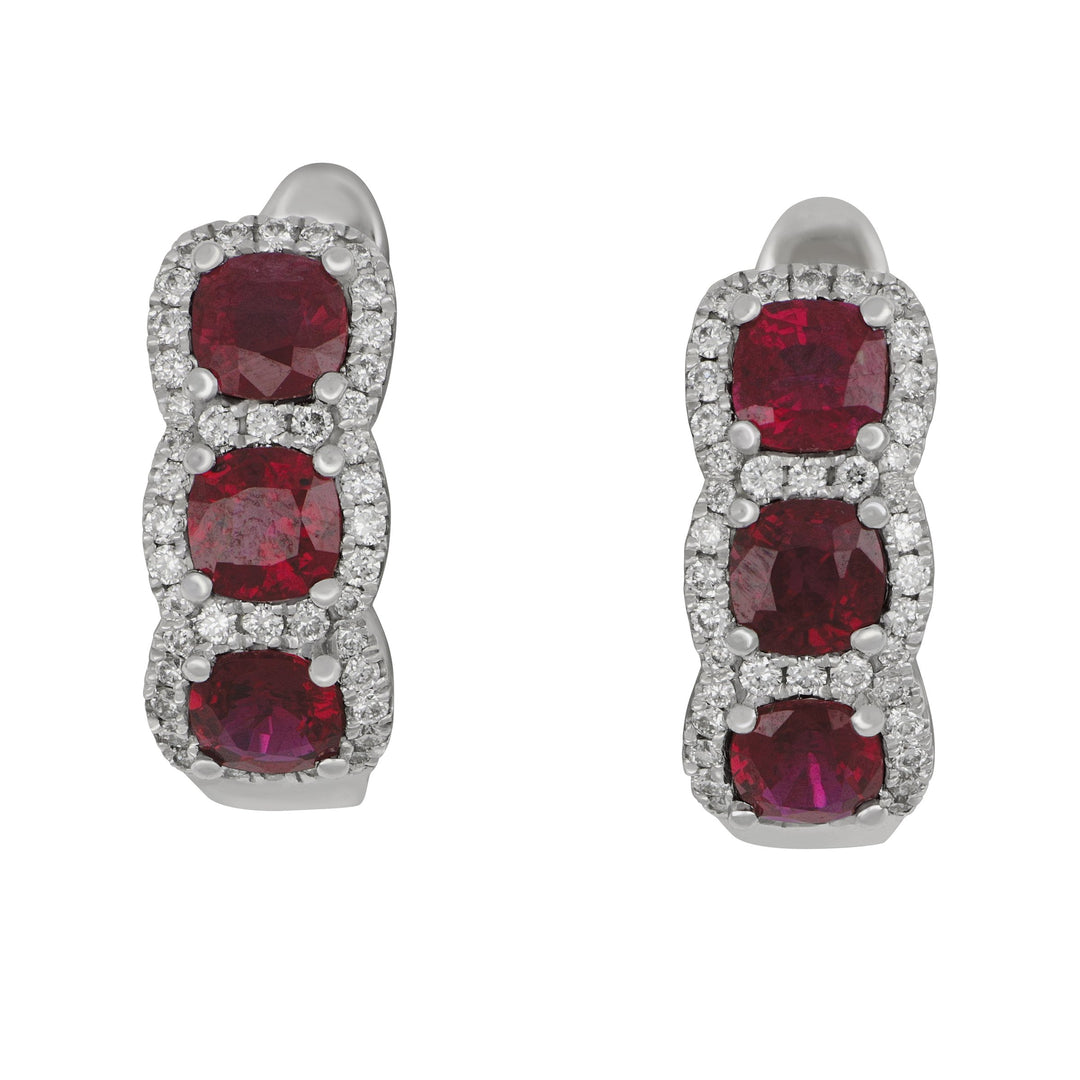 18k White Gold Three-Halo Ruby and Diamond Half Hoop Earrings, RU=2.15tw D=0.36tw