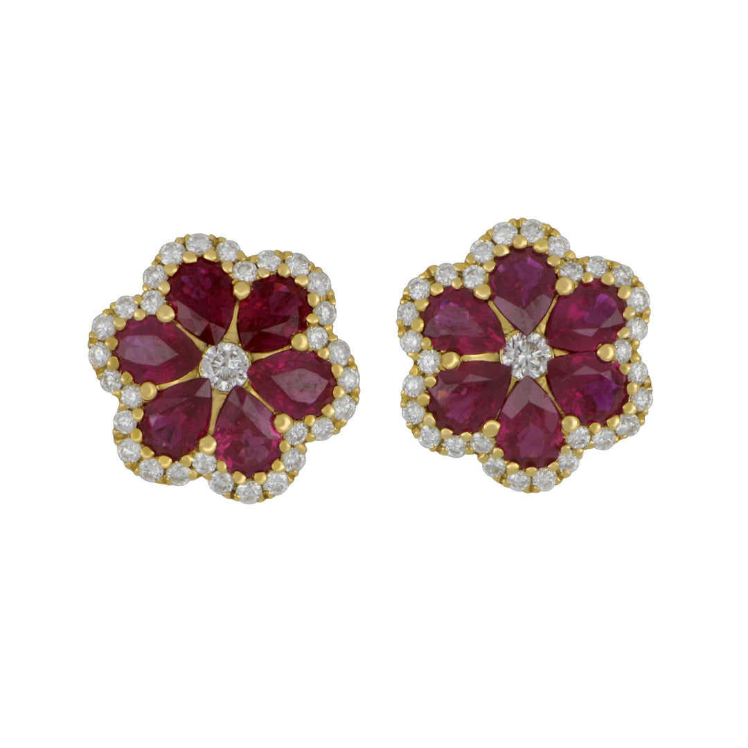 14 karat Yellow Gold Flower ruby and Diamond earrings, RU=1.26tw D=0.26tw GH/SI