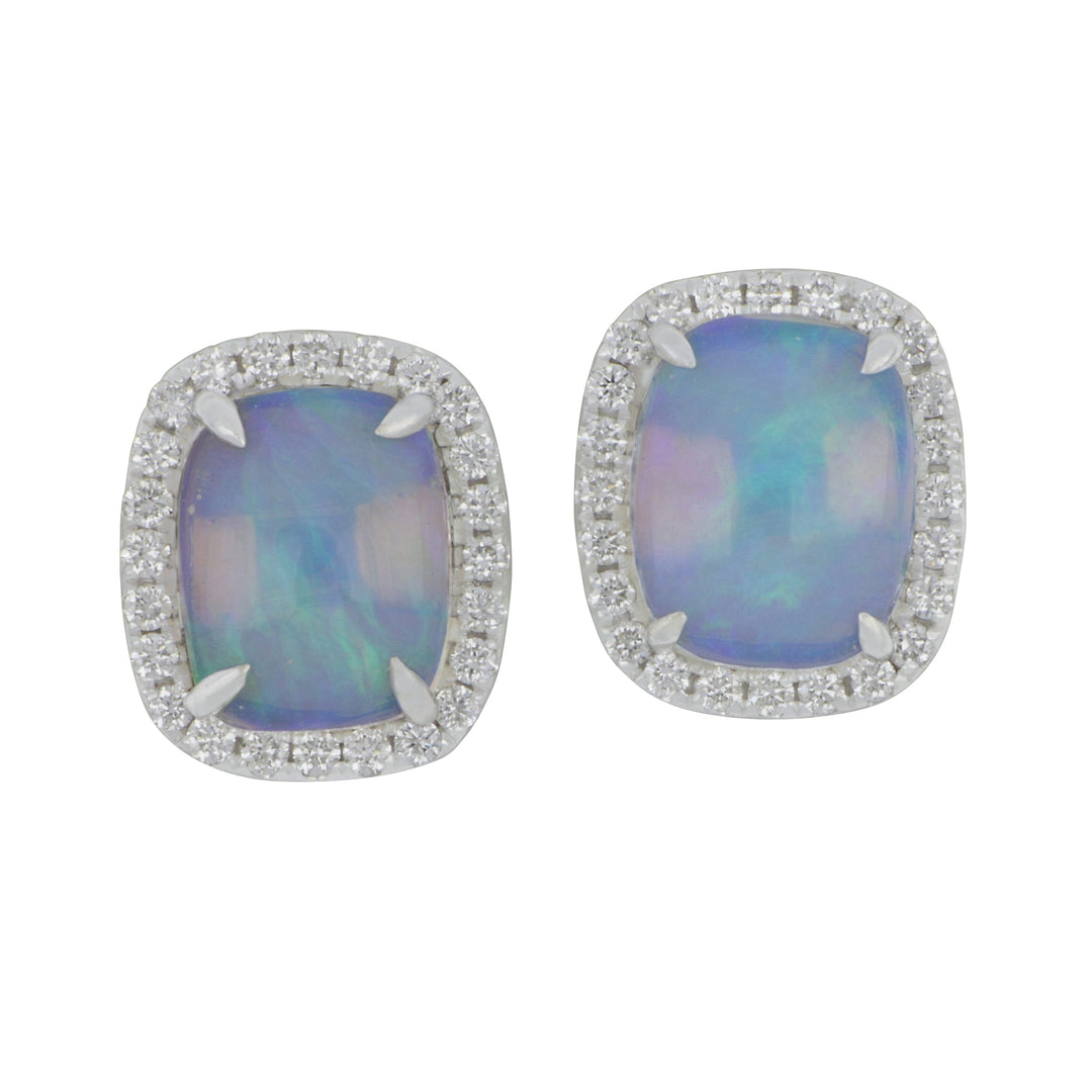 14k White Gold Diamond Halo Oval Opal Earrings, Opal=3.04tw, D=0.46tw GH/SI