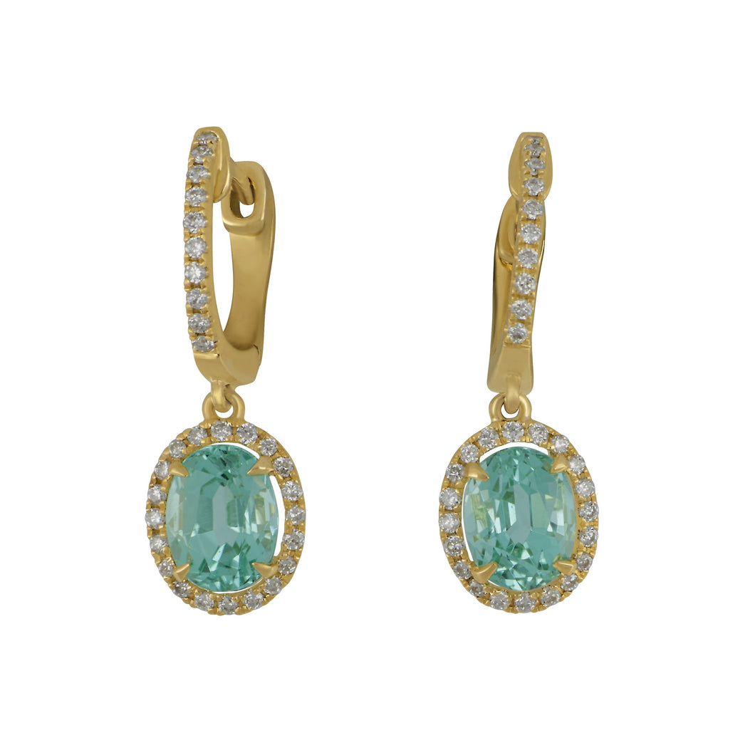 14 Karat Yellow Gold  Mint Tourmaline with Diamond Bezel Earrings, Mint Tourm=1.76tw, 60 Dias=.30tw