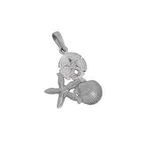 14k White Gold Small Pectin, Sanddollar with Diamond and Starfish Pendant, D=.05tw