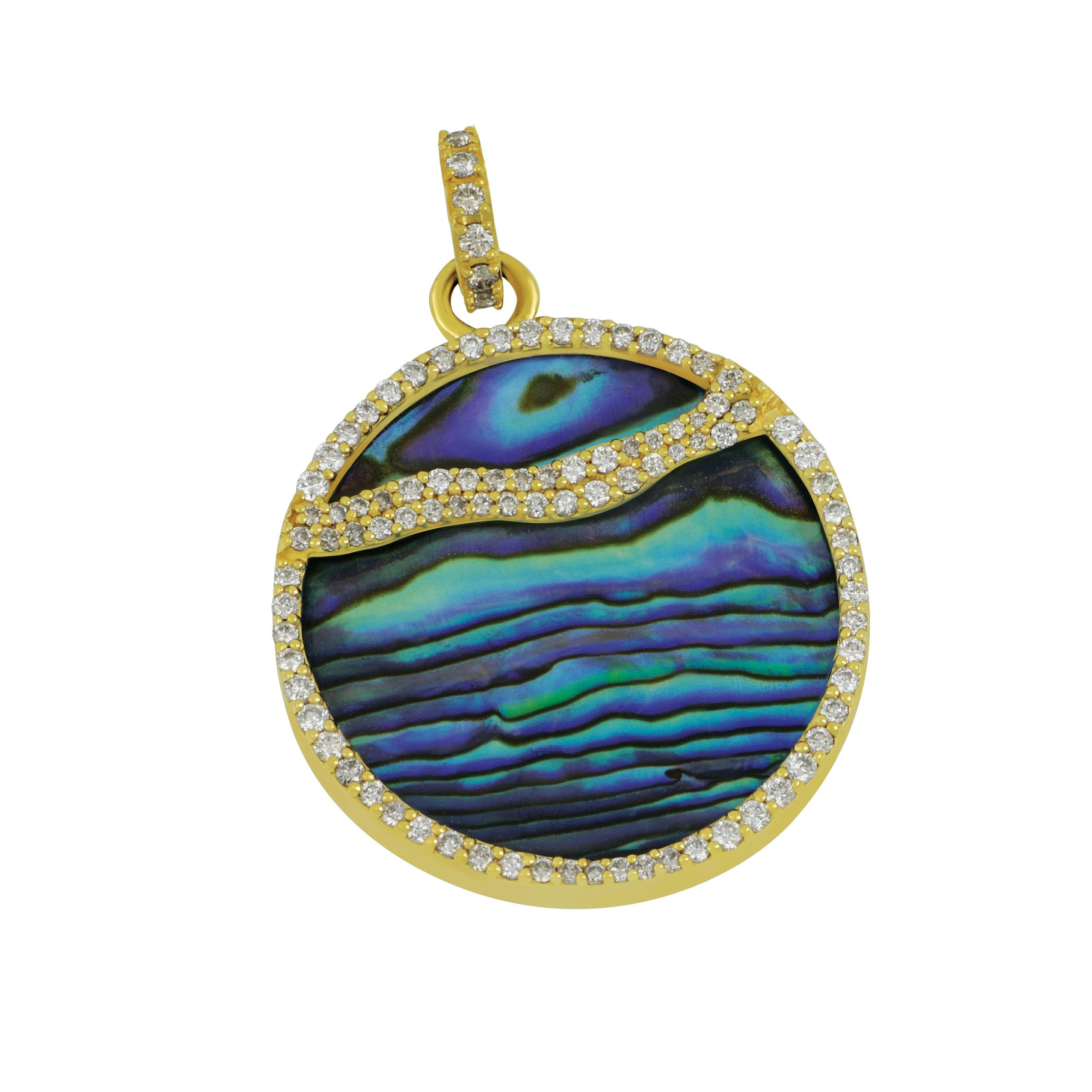 Syna 18 karat yellow gold round Abalone 10cts Diamond Wave Pendant, D ...