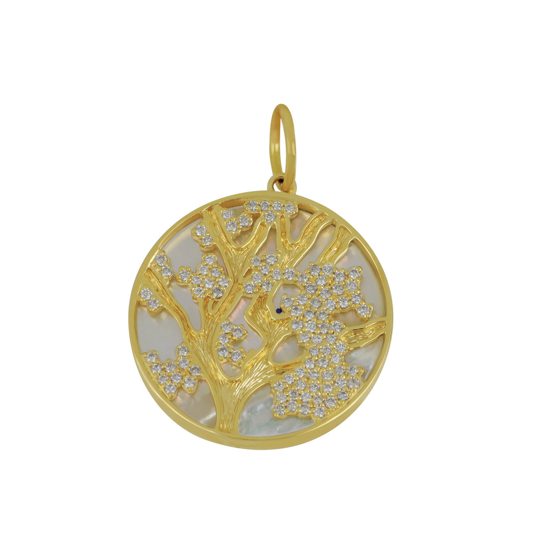 SYNA 18 karat yellow gold Jardin Cherry Blossom Mother of Pearl and Champagne Diamond Pendant, MOP=9cts D=0.45tw