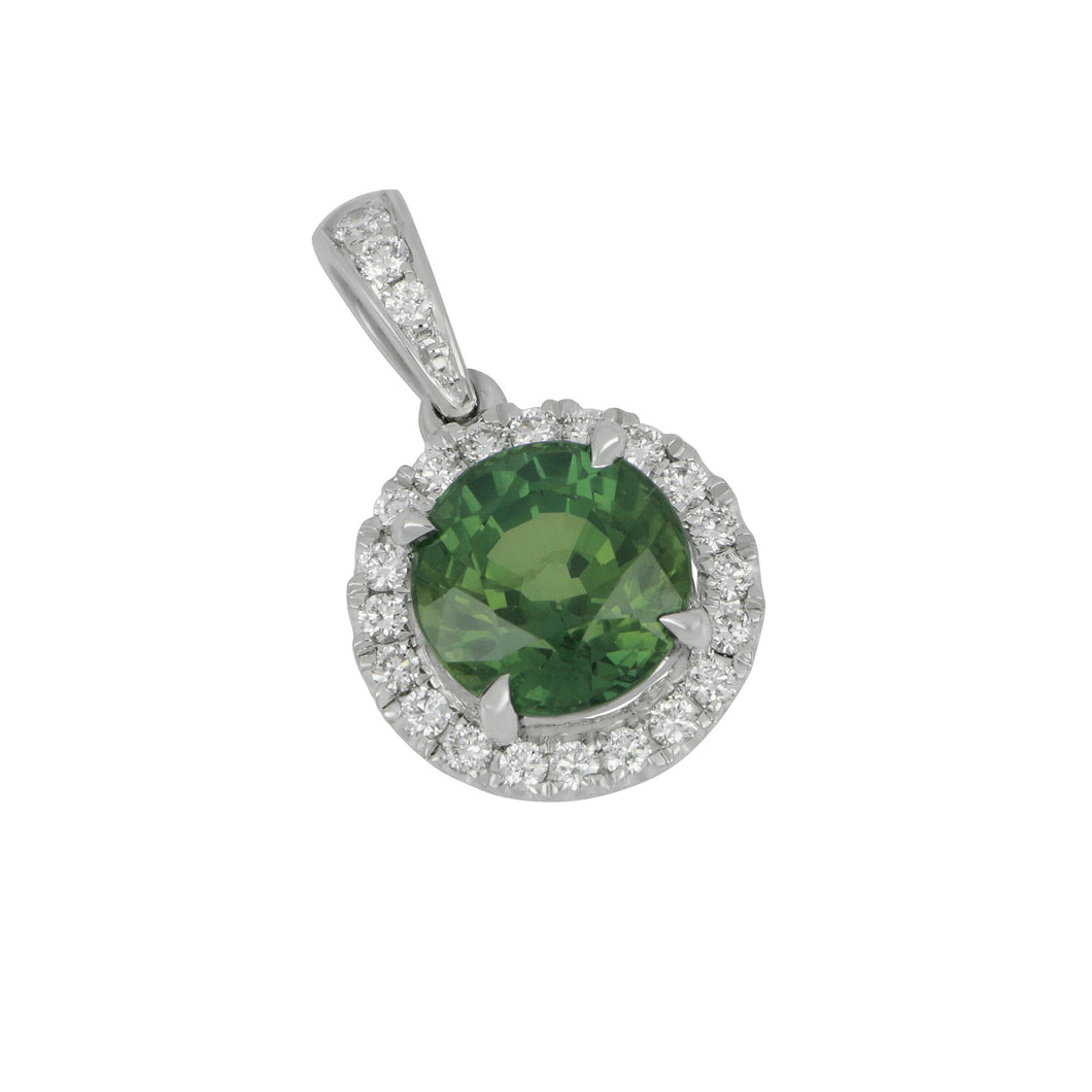14 karat white gold round Halo Green Sapphire and Diamond Pendant, GSA=2.08ct D=0.20tw