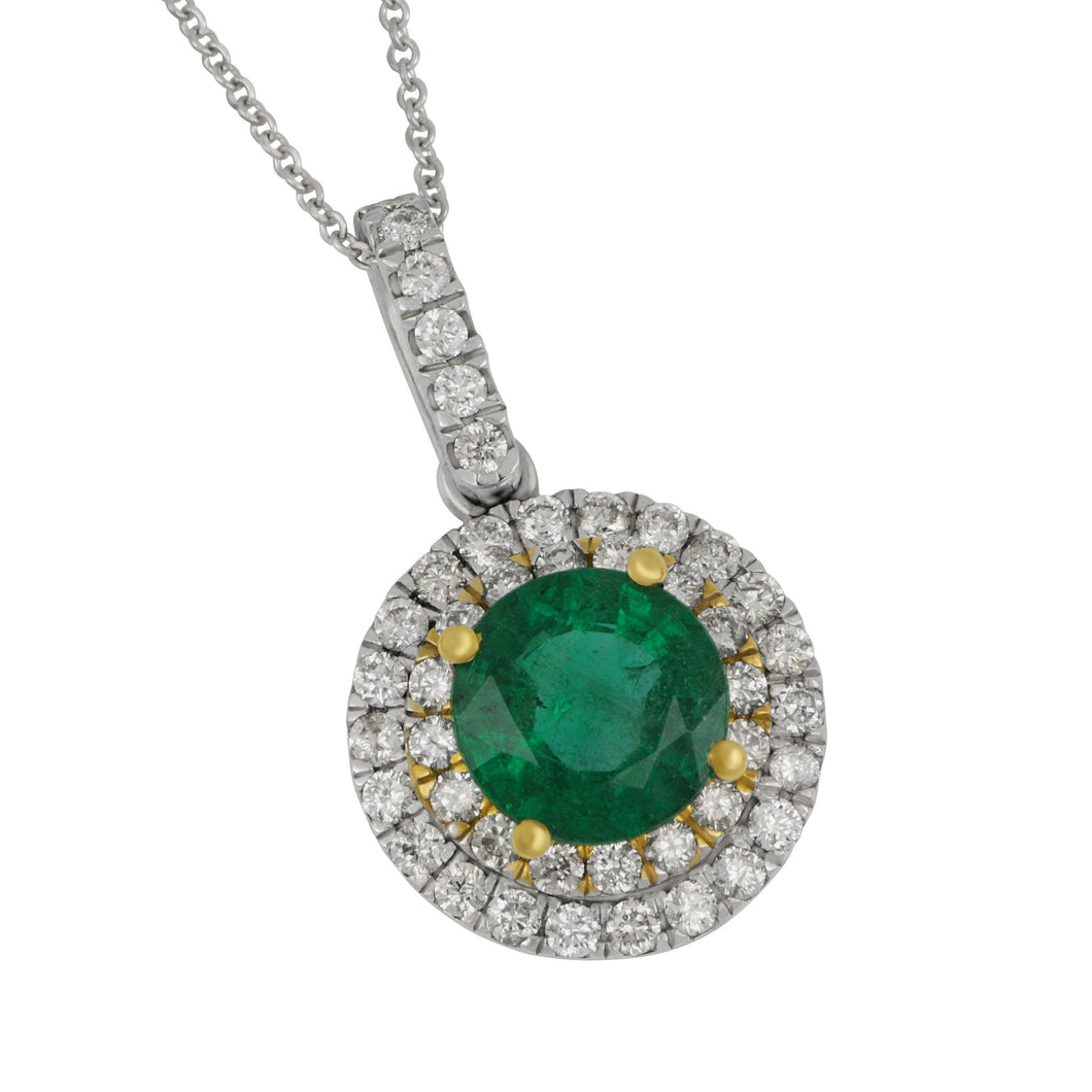 14 karat white and yellow gold round double Halo Emerald and Diamond Pendant 18