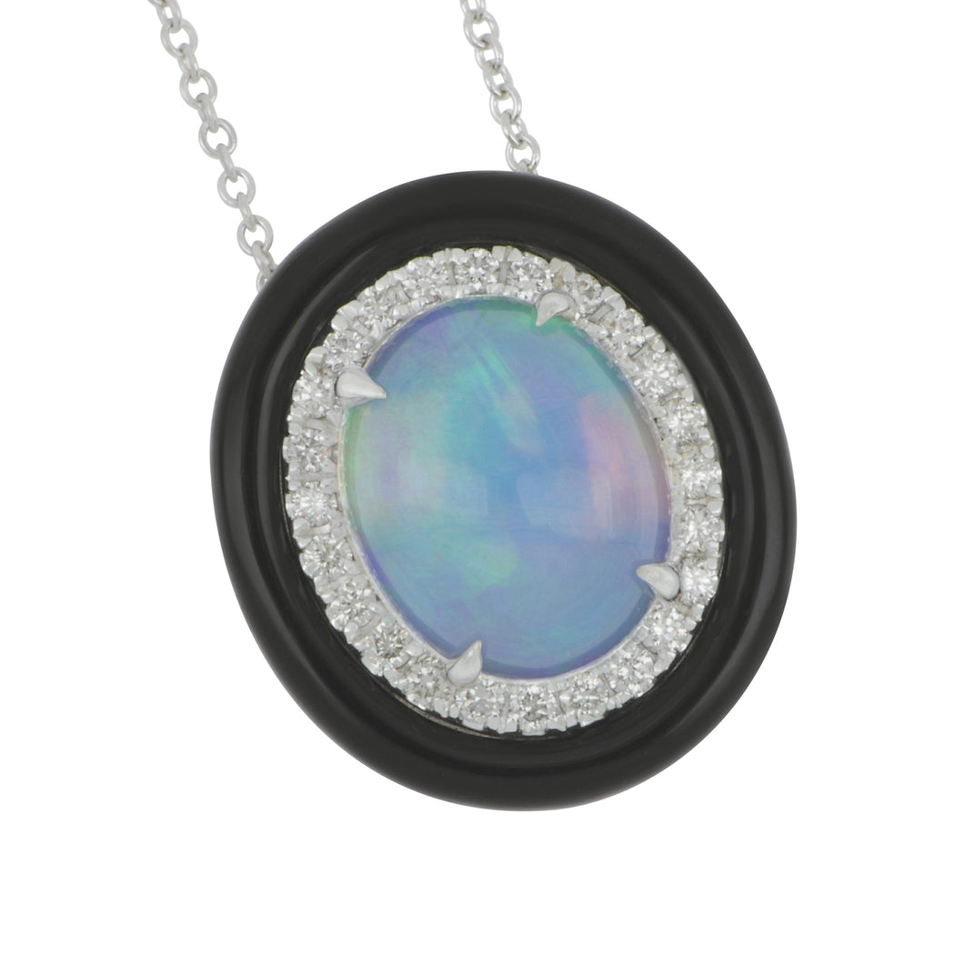 14 karat white gold Round Diamond Halo Opal with Black Enamel Pendant, Opal=2.32ct, D=0.24tw GH/SI