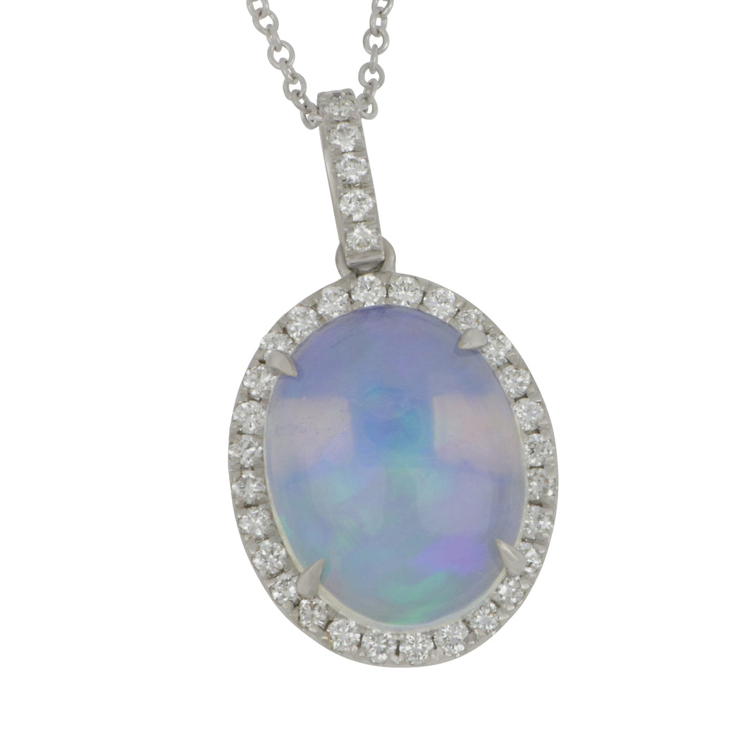 14 karat white gold Diamond Halo  Oval Opal Pendant 18