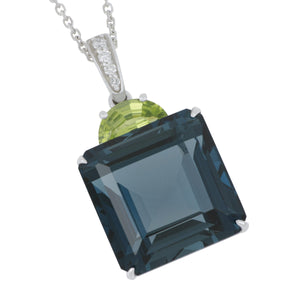 14 karat White Gold London Blue Topaz, Peridot and Diamond Pendant 18", LBT= 17.50ct PER=0.70ct D=0.06tw GH/SI supports Captain's for Clean Water\