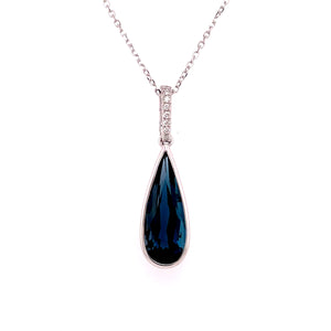 14 Karat White Gold 16" Pear Shape London Blue Topaz with Diamond Bail Necklace, LBT=3.00ct, 8Dias=.04tw GH/SI
