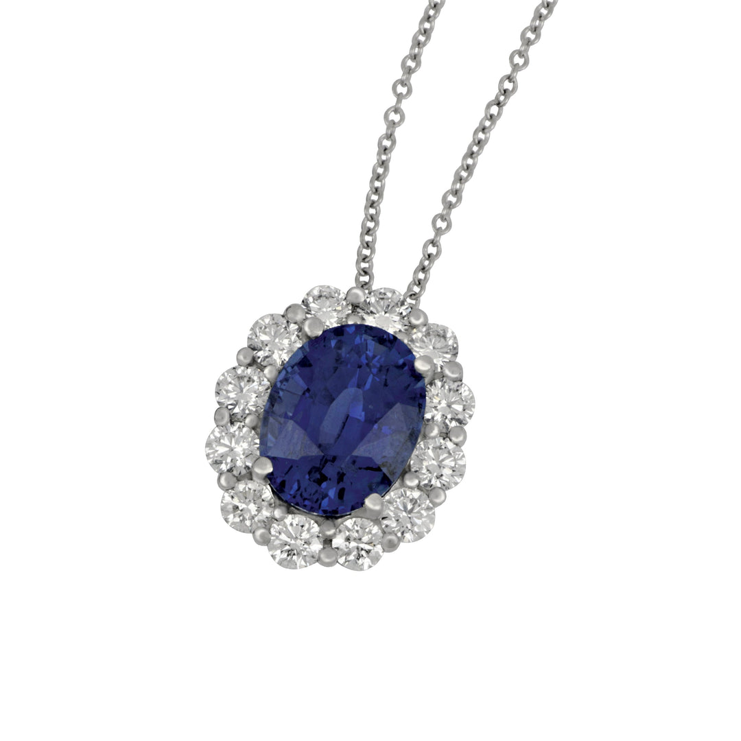 18 Karat White Gold 18" Oval Sapphire with Diamond Halo Necklace, Sap=4.01ct, 12Dias=1.06tw GH/SI