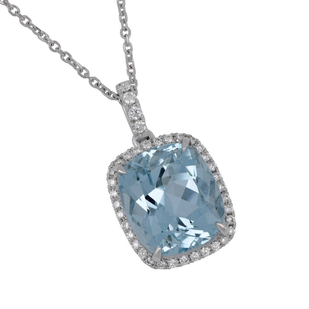 14k White Gold 16" Aqua with Diamond Bezel/Bail, Aqua=5.41ct, 38Dias=.30tw