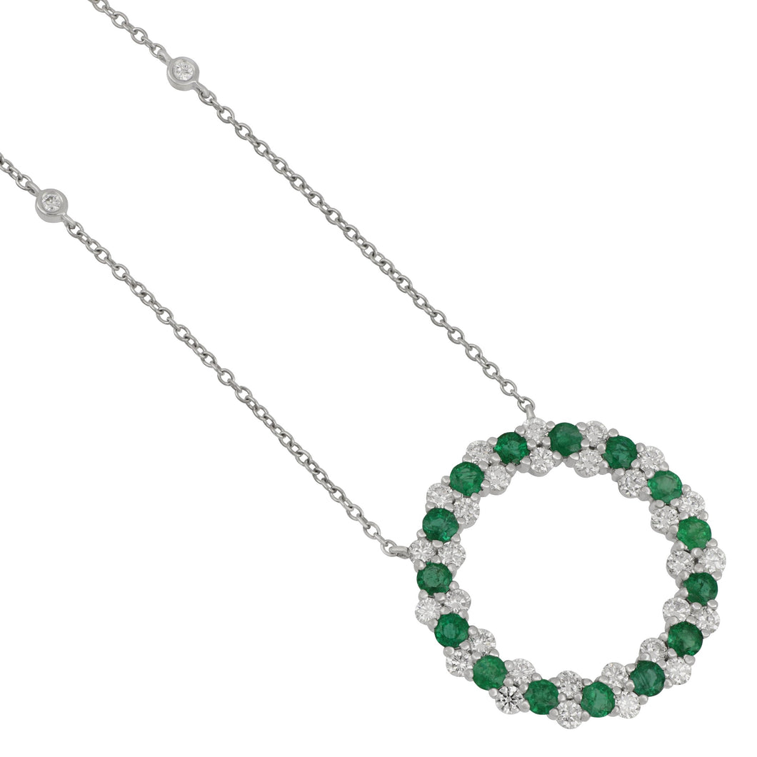 18 karat white gold alternating Emerald and Diamond Circle Necklace 16-18