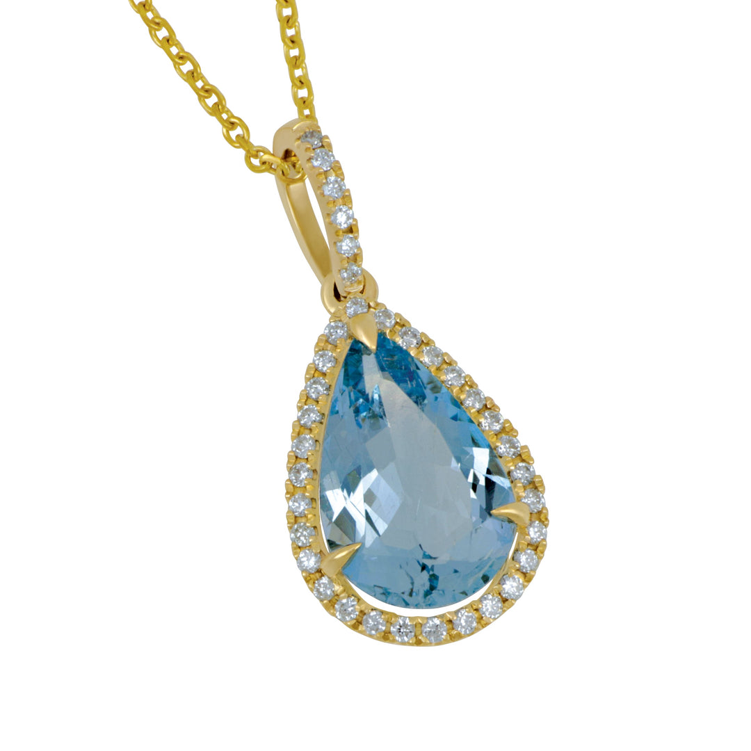 14k Yellow Gold 16" Pear Shape Aqua with Diamond Bezel/Bail, Aqua=2.32ct, 35Dias=.25tw