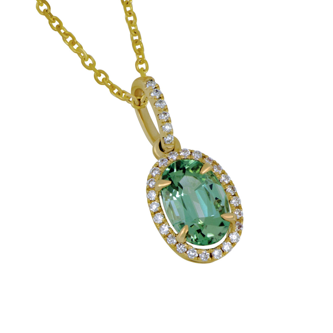 14k Yellow Gold 16" Oval Mint Tourmaline Necklace with Diamond Bezel/Bail, Mint Tourm=1.06ct, 30D=.15tw