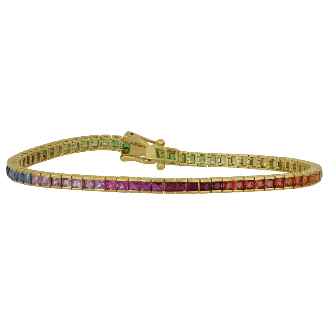 14 karat yellow gold princess cut Mulit Color Sapphire Channel Set Bracelet 7