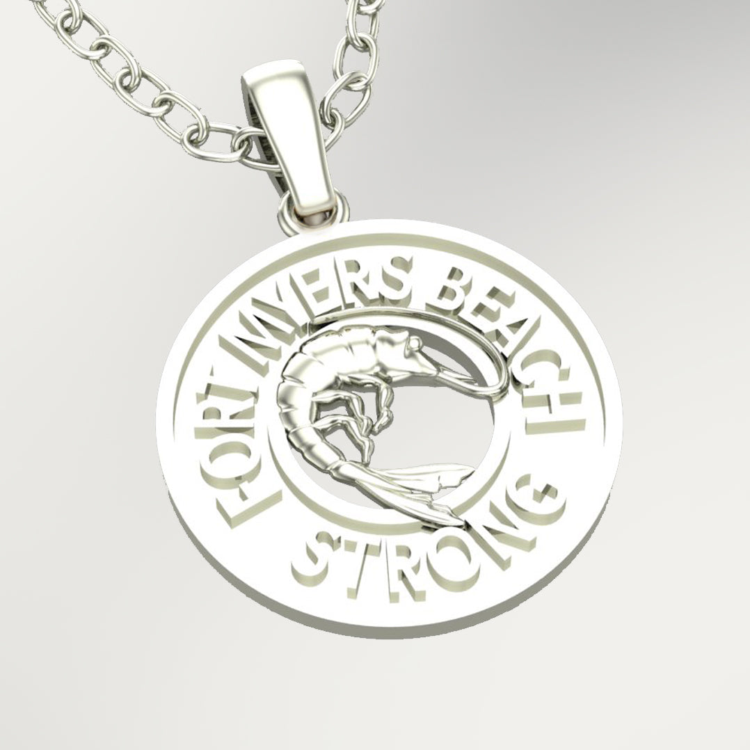 14K White Gold Fort Myers Beach Strong pendant with  1.1mm D/C Cable chain 16/18” Adjustable