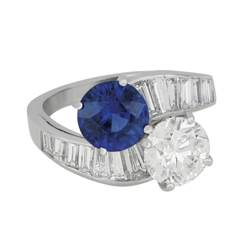 Oscar Heyman Platinum bypass Sapphire 2.99ct, Diamond 2.01ct and Baguette 1.33ctw Ring, Size 6.5