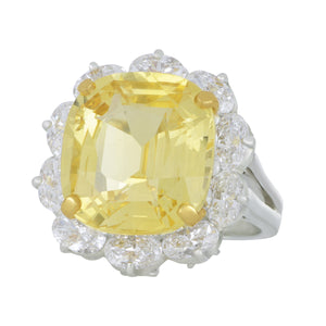 Oscar Heyman Platinum cushion Yellow Sapphire 18.29ct certified 10 oval diamonds 3.16ctw FG/VS ring szie 6, Size 6