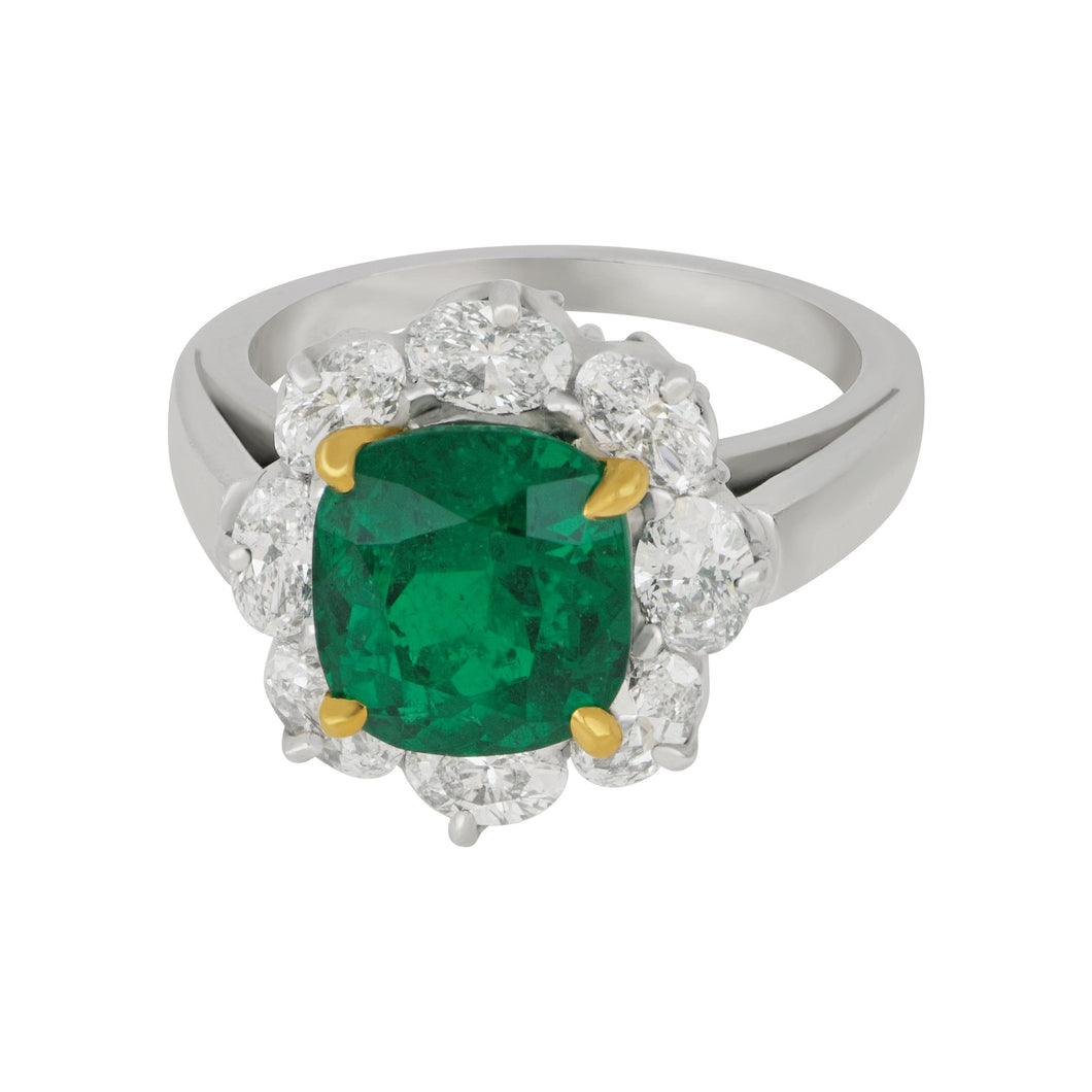 Oscar Heyman Platinum and 22 karat Yellow gold Columbia Emerald 3.42ct and Diamond 1.27ctw halo Ring, Size 6.5