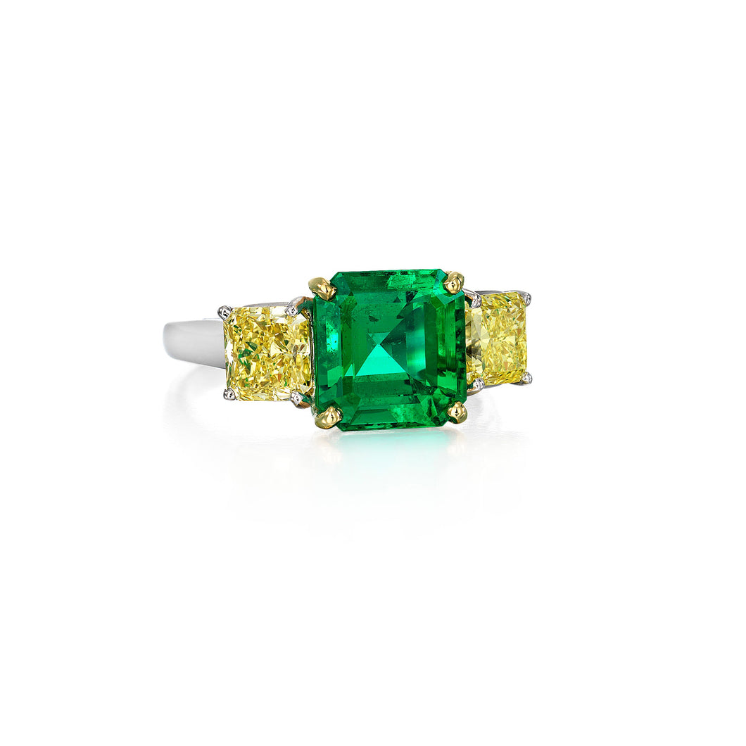 Oscar Heyman Gold/Platinum Ethiopian No Oil Emerald and Yellow Diamond Ring