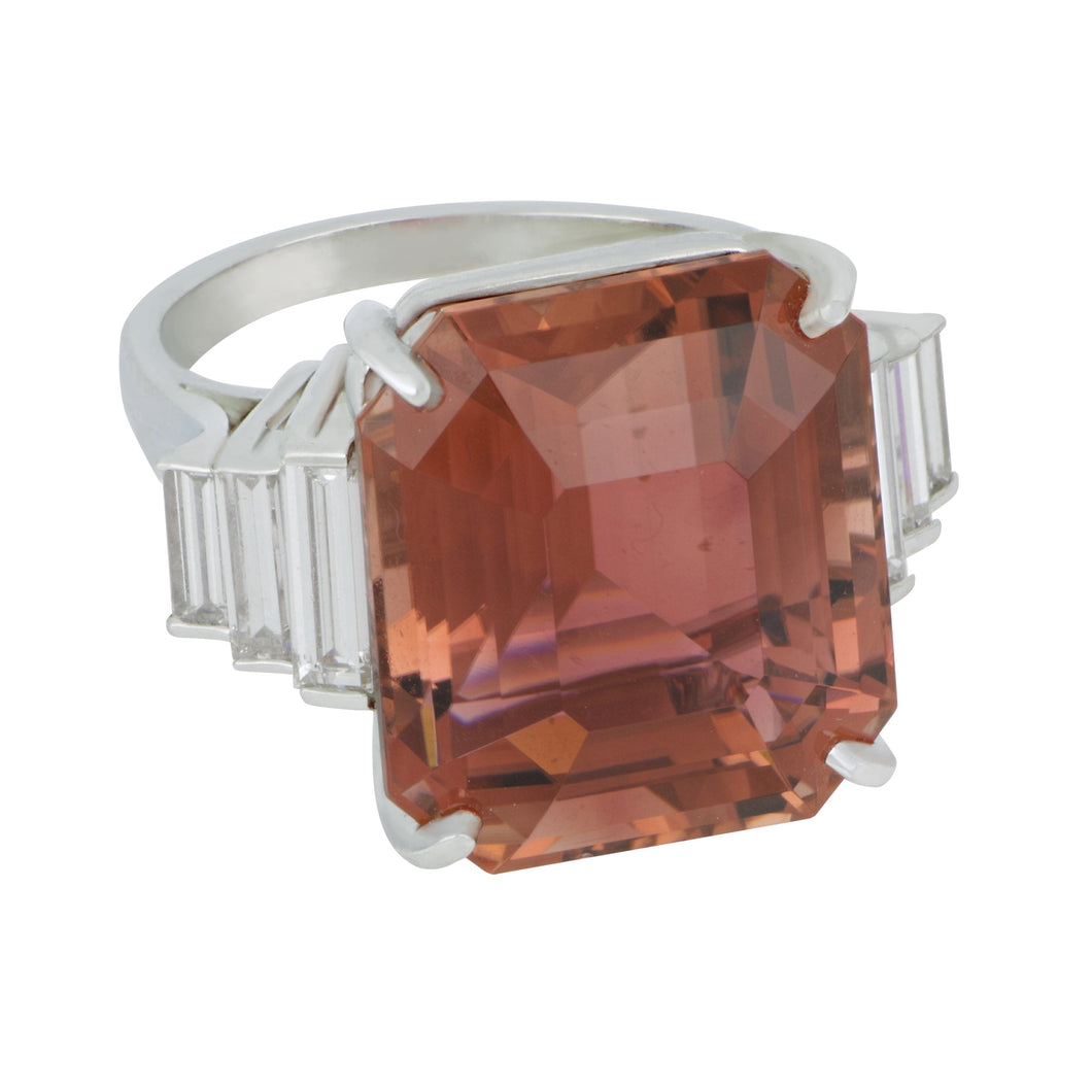 Oscar Heyman Platinum emerald cut Pinkish Orange Tourmaline 20.45ct certified 6 baguette diamonds 1.19ctw FG/VS ring size 6