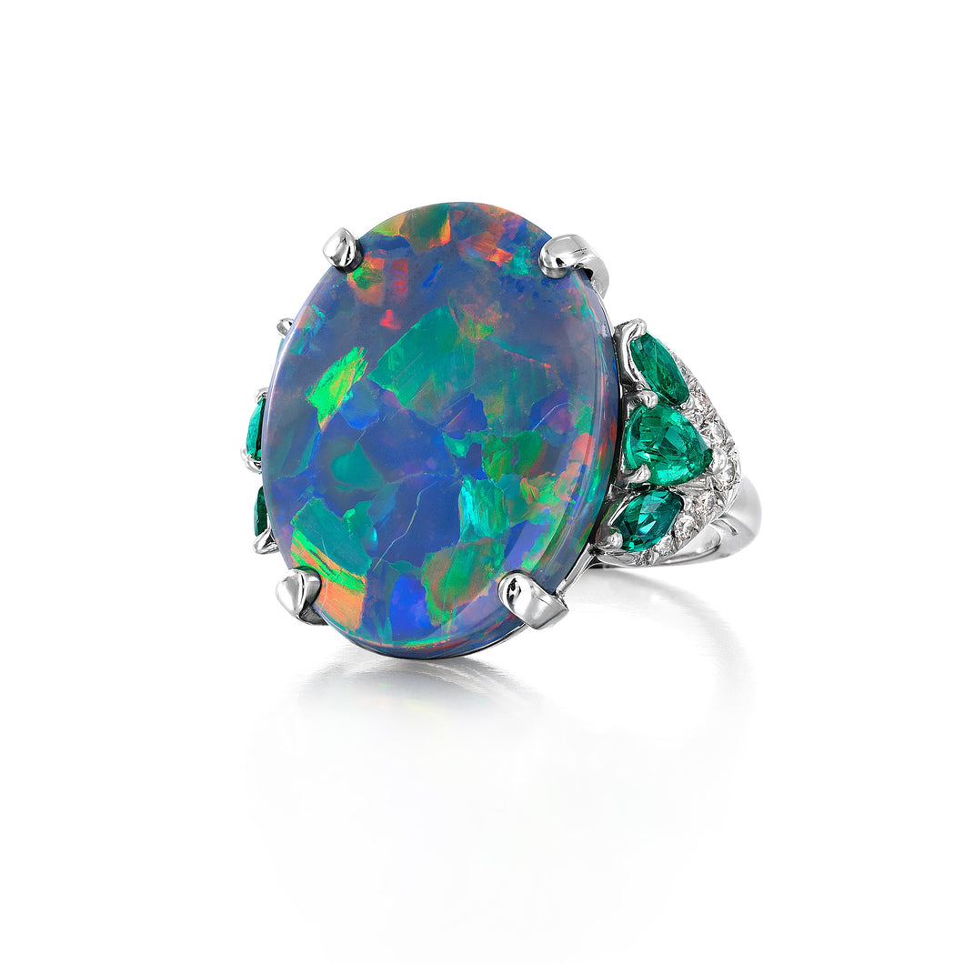 Oscar Heyman Platinum Opal, Emerald and Diamond Ring