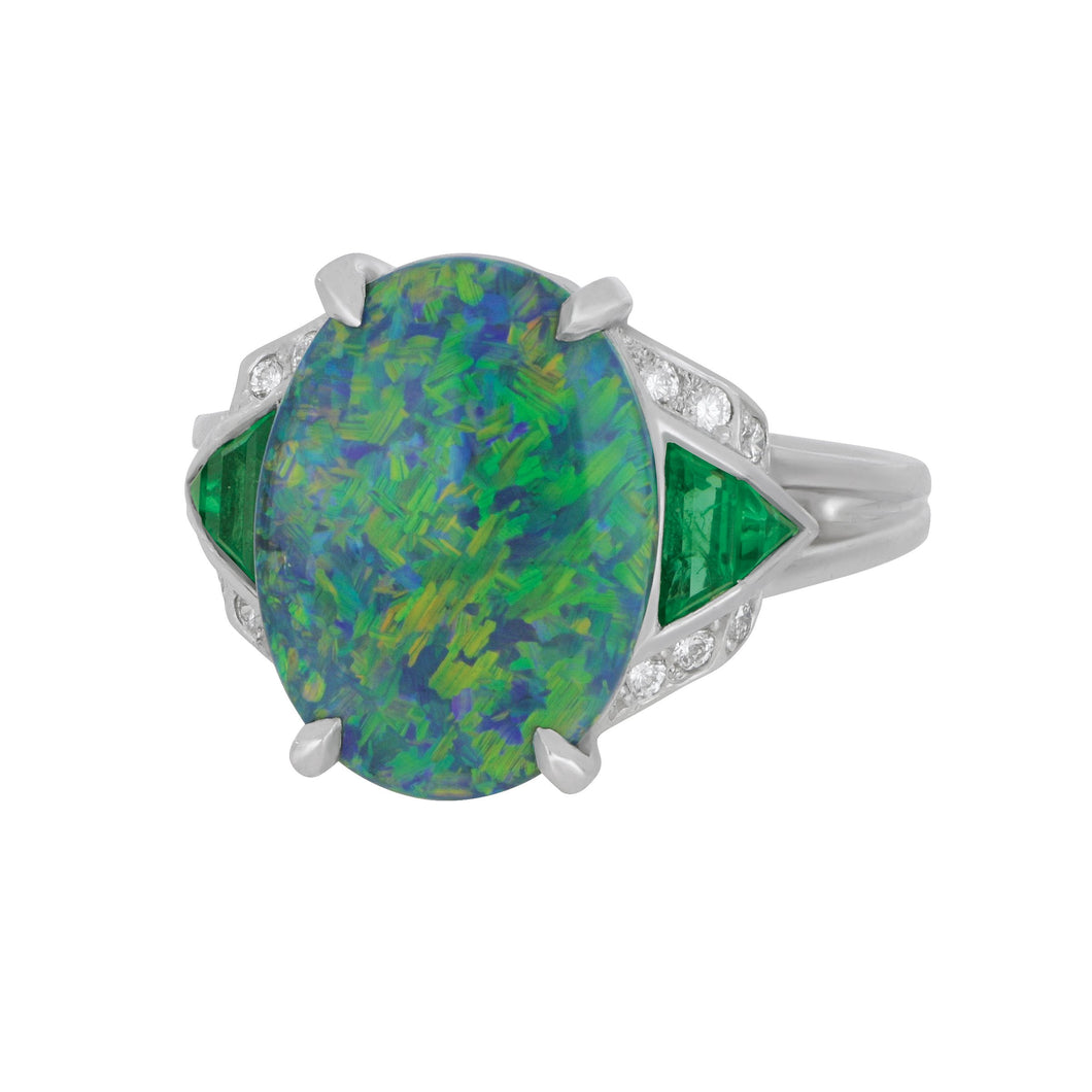 Oscar Heyman Platinum Opal 3.73cts, Emerald 0.62ctw and Diamond 0.12ctw Ring, Size 6.5