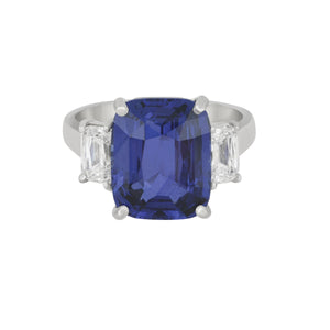Oscar Heyman Platinum cushion Sapphire 7.56cts two Diamond 1.24ctw Ring, Size 6.5