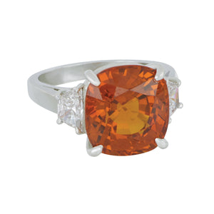 Oscar Heyman Platinum cushion Orange Sapphire 10.24ct certified 2 trapaziod diamonds 0.72ctw FG/VS ring size 6