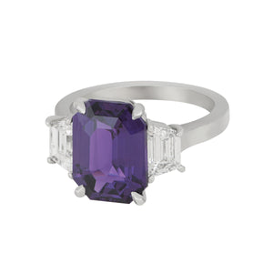 Oscar Heyman Platinum 3-Stone Emerald cut Purple Sapphire 6.06ct and Diamond 1.05ctw Ring, Size 6.5