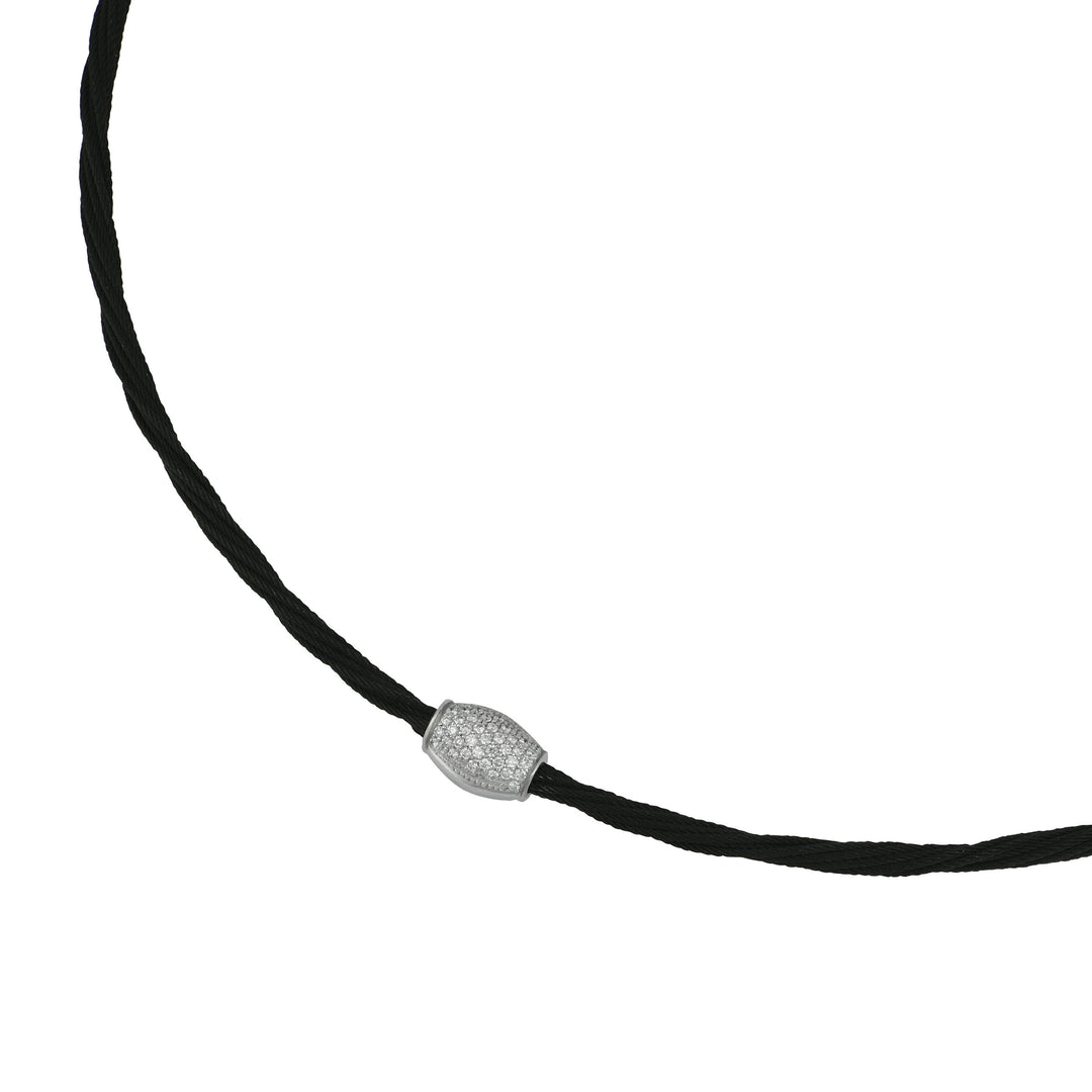 Alor Stainless Steel and 18k White Gold Black cable Diamond Station Necklace 17", D=0.21tw