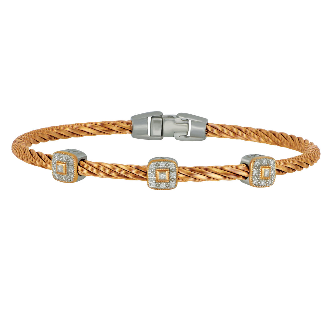 Alor Stainless Steel and 18 karat rose gold Carnation Cable three Square Diamond Stackable Bracelet, D=0.14tw