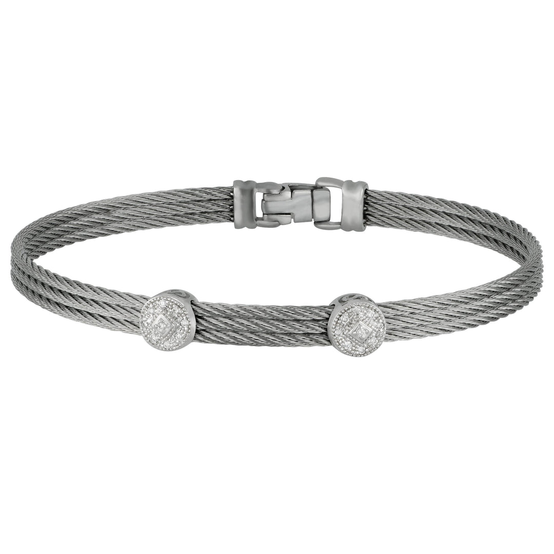 Alor Stainless Steel and 18 karat whte gold thre Grey Cable double Round Diamond Stackable Bracelet, D=0.09tw