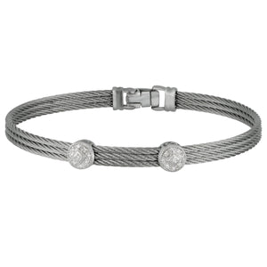Alor Stainless Steel and 18 karat whte gold thre Grey Cable double Round Diamond Stackable Bracelet, D=0.09tw
