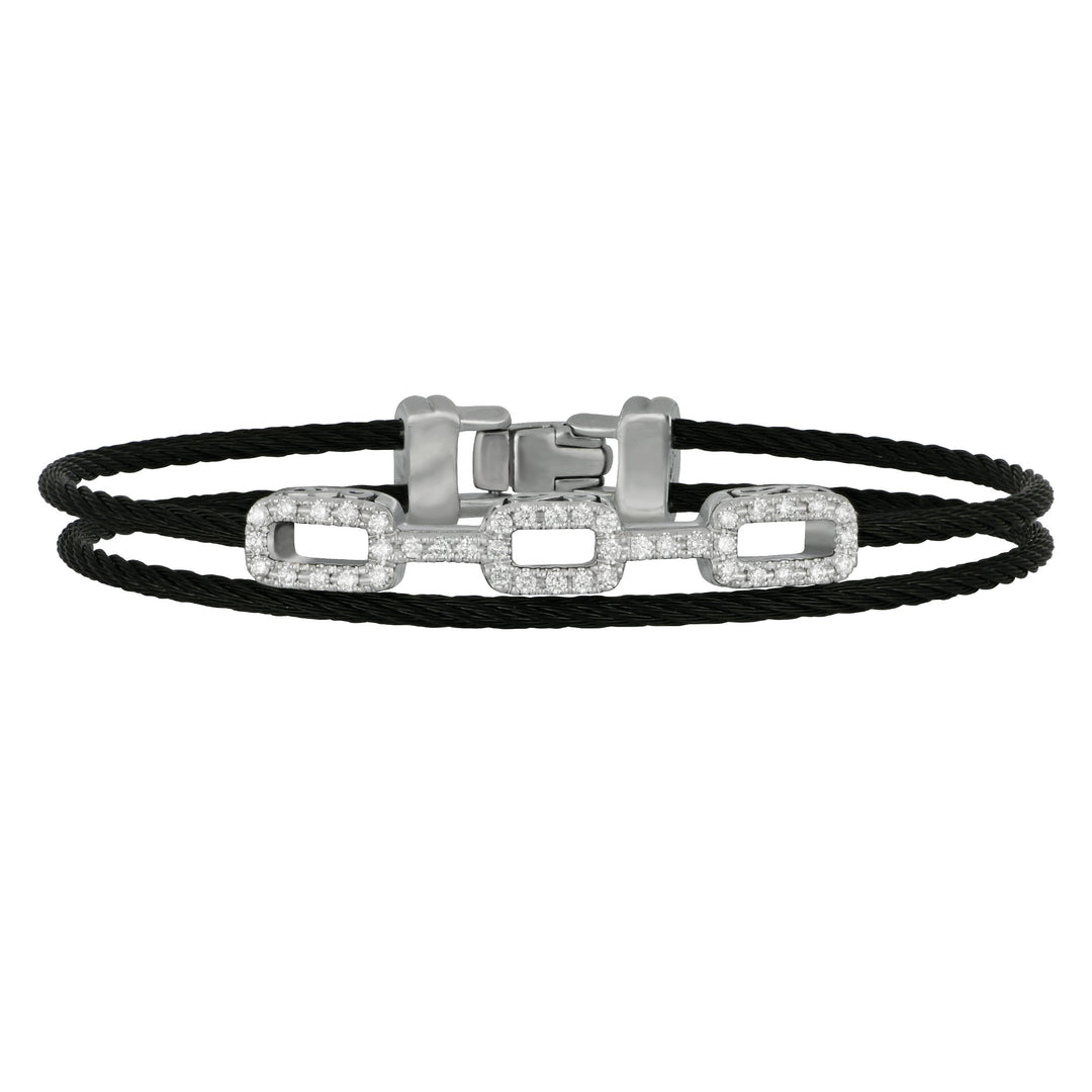 Alor Stainless Steel and 18 karat white gold Petite Black cable Layered Link Daimond Bracelet, D=0.37tw