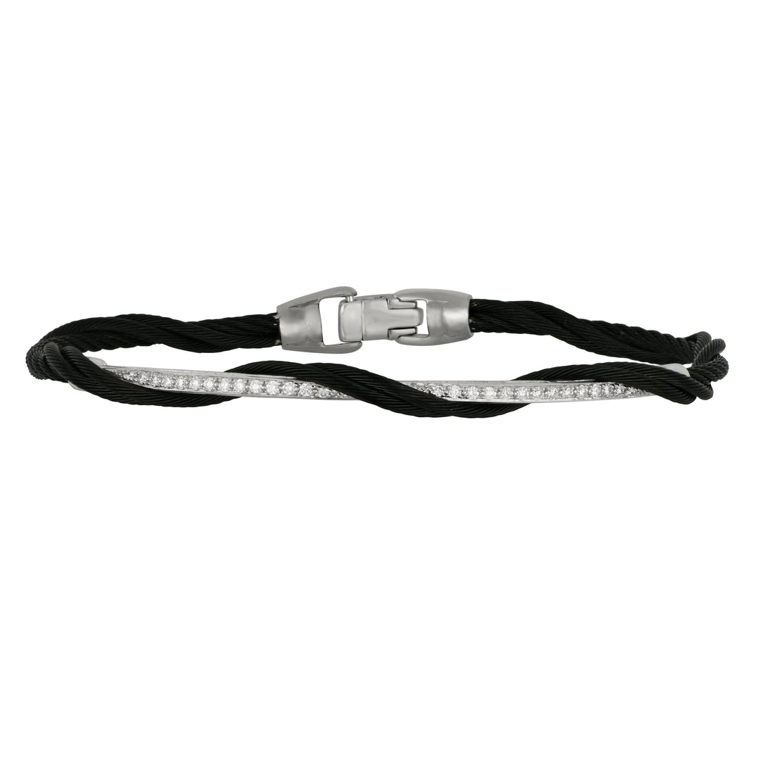 Alor Stainless Steel and 18 karat white gold Black cable Twist Diamond Bracelet, D=0.19tw