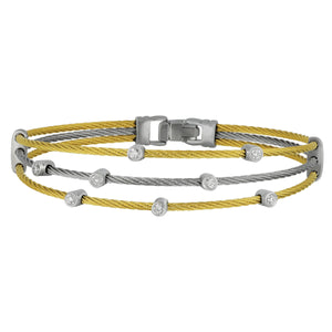 Alor Stainless Steel and 18 karat white gold Yellow and Grey cable three row Diamond Bracelet, D=0.11tw