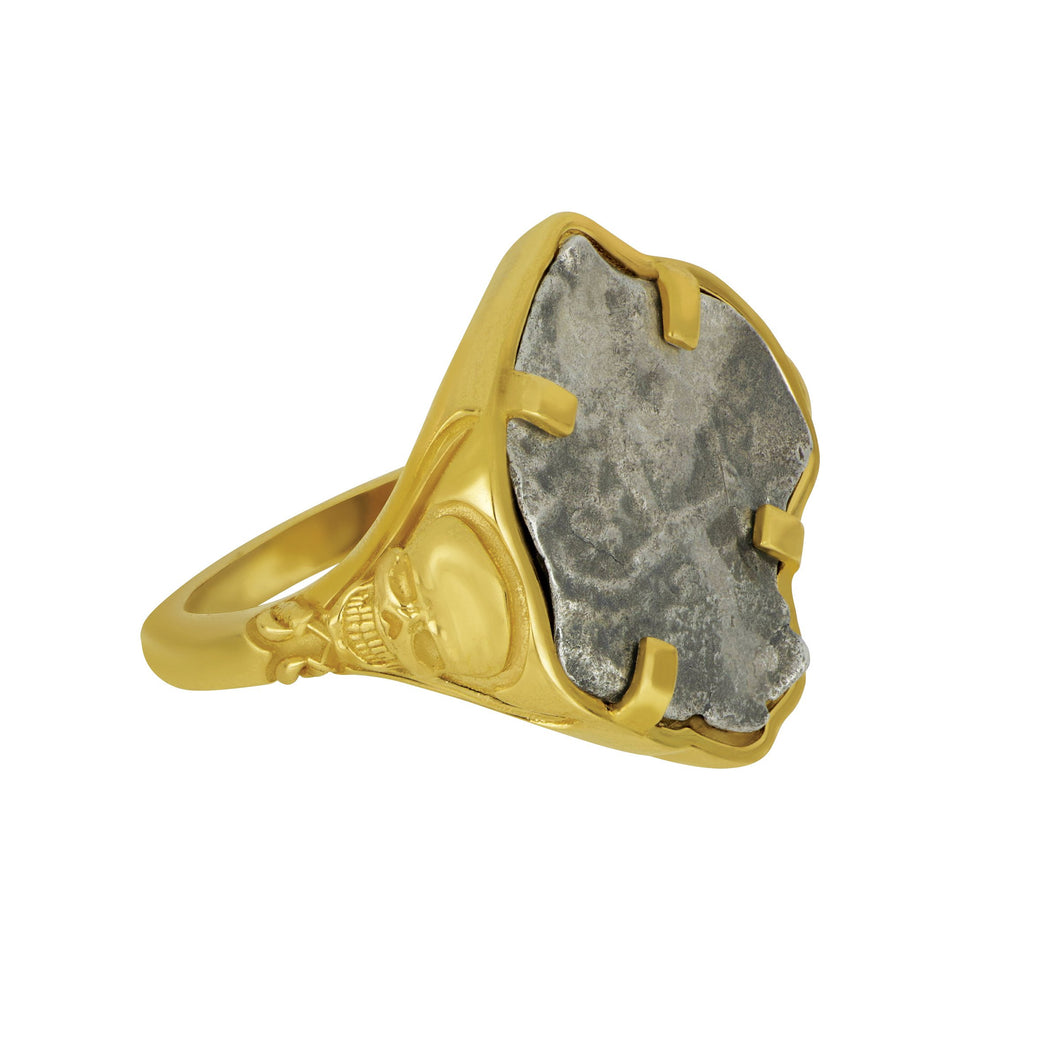 1 Reale 1700's Fleet Coin set in Custom 14K Yellow Gold Skull Design Ring, Size 9