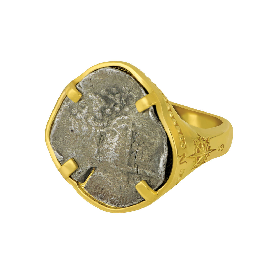 1 Reale 1700's Fleet Coin set in Custom 14K Yellow Gold Compass Ring, Size 9