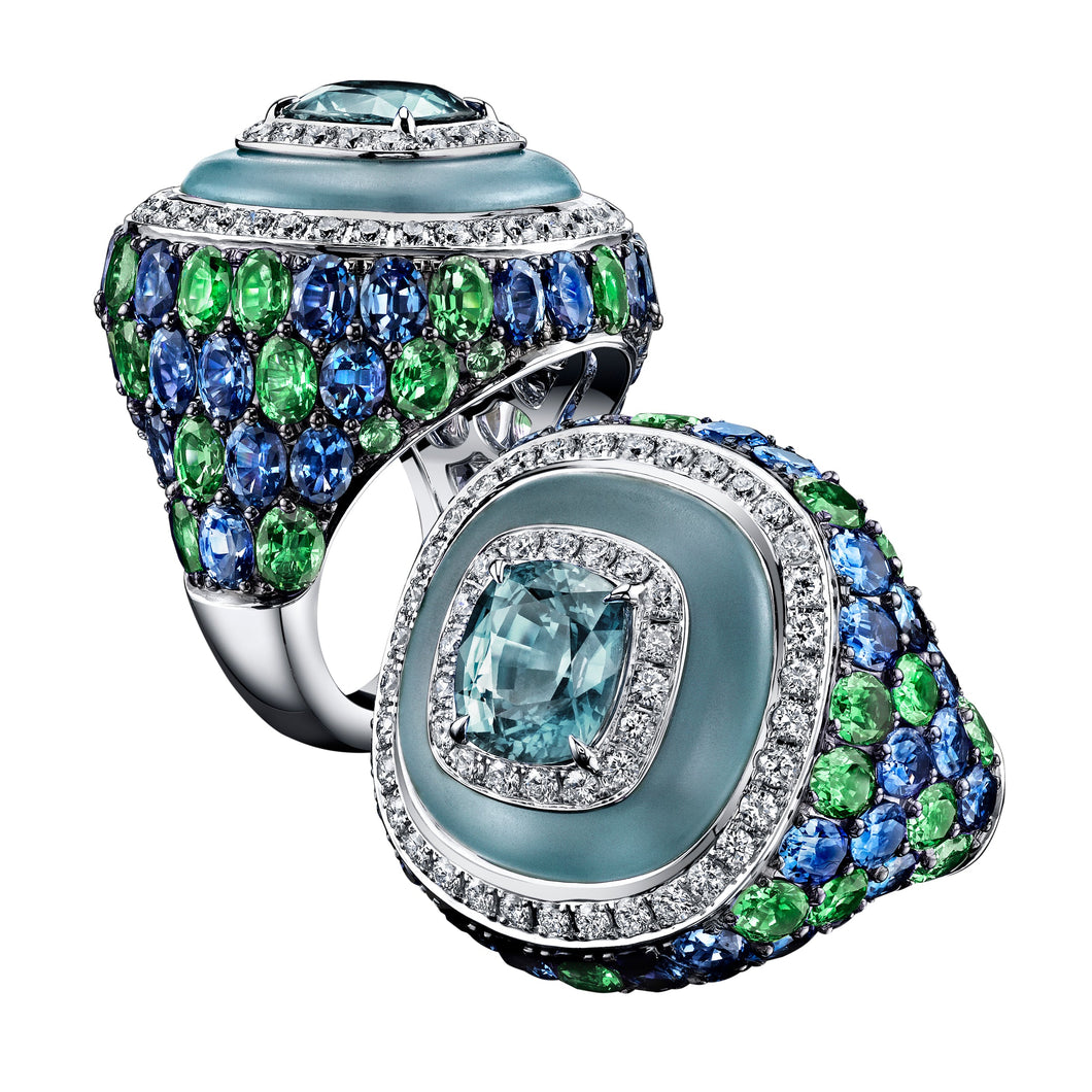 Robert Procop 18kt white gold cushion Sapphire 6.26ct Frosted Aquamarine 8.45ct, Blue Sapphire 5.71ctw, Tsavorite 4.21tw and Diamond 0.99ctw FG/VS ring size 7