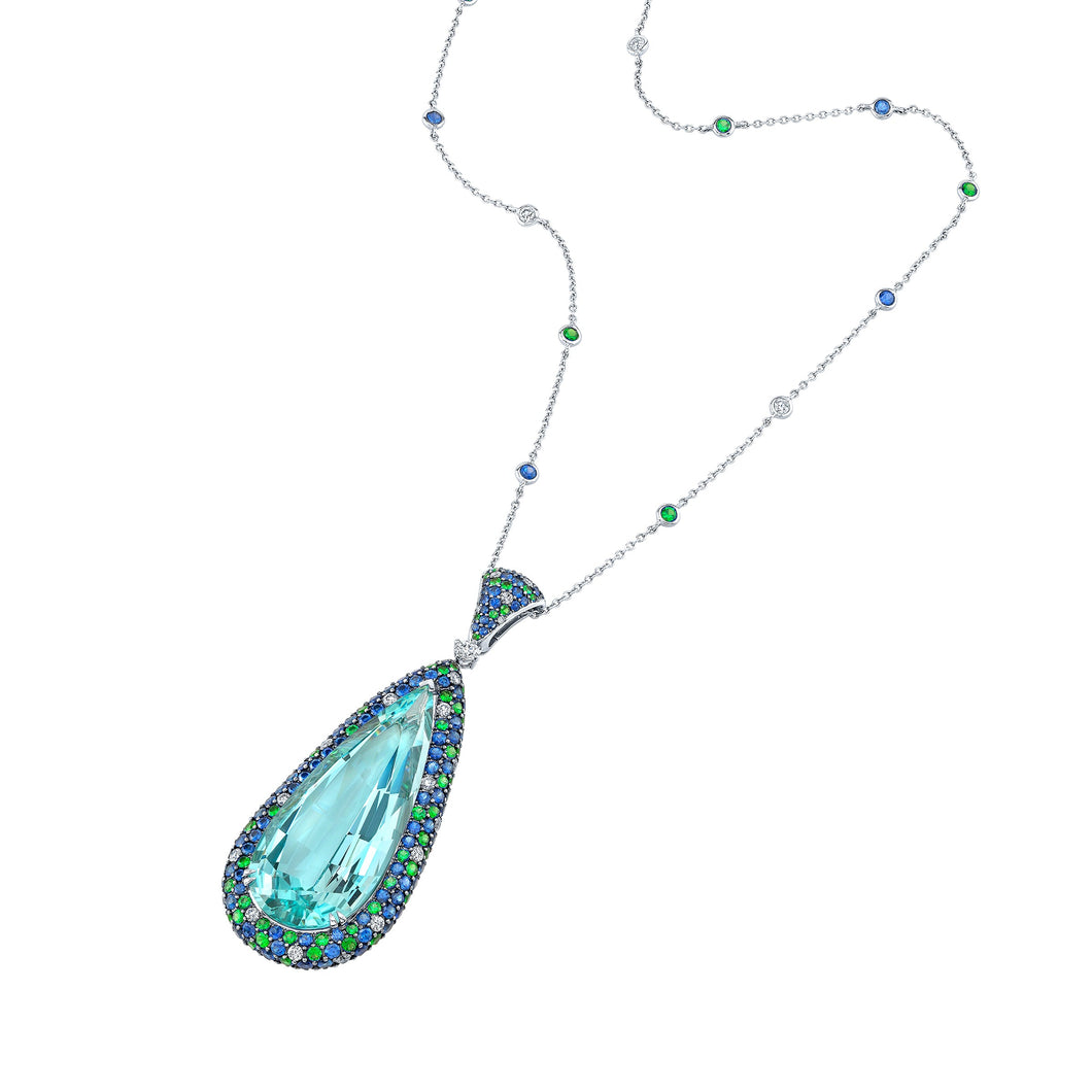 Robert Procop Platinum pear shape Aquamarine 63.20ct with a pave halo and diamond by the yard chain of Blue Sapphire 8.52ctw, Tsavorite 4.55ctw and Diamond 2.09ctw FG/VS pendant