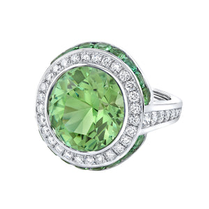Robert Procop round Green Tourmaline 11.59ct, diamonds 1.66ctw FG/VS and Green Tourmaline 1.42ctw ring size 7
