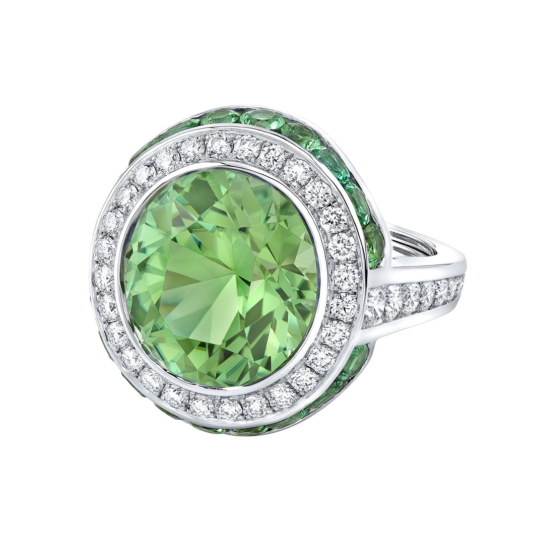 Robert Procop round Green Tourmaline 11.59ct, diamonds 1.66ctw FG/VS and Green Tourmaline 1.42ctw ring size 7