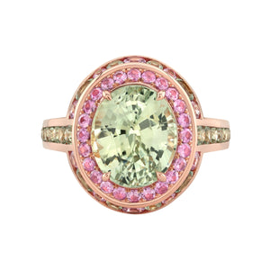 Robert Procop 18 Karat Rose Gold 5.56cy Oval Green-Yellow Sapphire (5.56ct) and Multi-color Sapphire (2.29tw) RIng