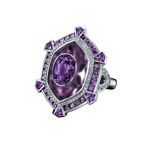 Robert Procop 18 Karat White Gold Purple Sapphire Crystal (3.30ct), Amethyst Crystal (7.00ct), Violet Sapphire (1.66tw) and Diamond (.88tw) Ring