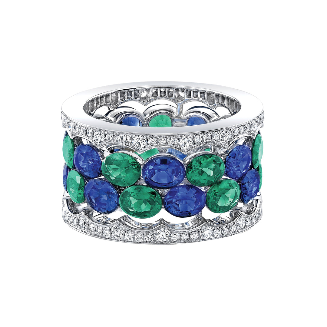 Robert Procop American Glamour Collection 18kt white gold 4 row Blue Sapphire 5.03ctw, Emerald 4.17ctw and diamonds 0.80ctw FG/VS eternity ring size 7