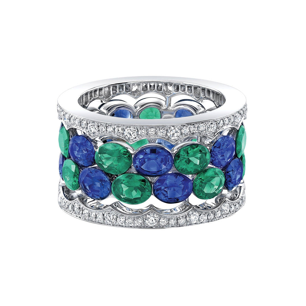 Robert Procop American Glamour Collection 18kt white gold 4 row Blue Sapphire 5.03ctw, Emerald 4.17ctw and diamonds 0.80ctw FG/VS eternity ring size 7